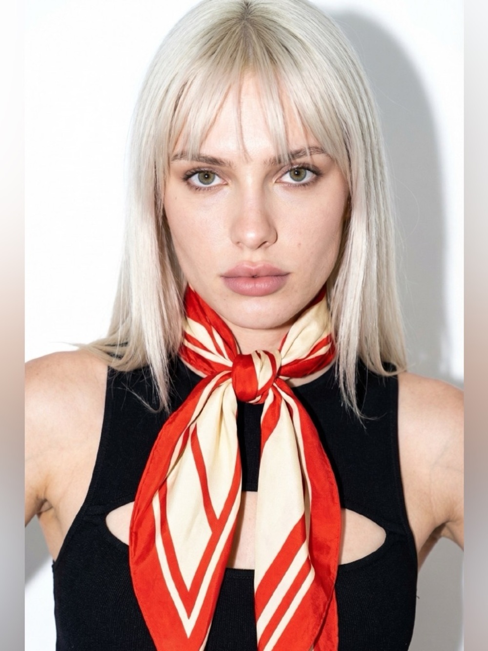 RENATA RED CREAM STRIPED SILK SCARF BANDANA NECK SCARF WOMAN